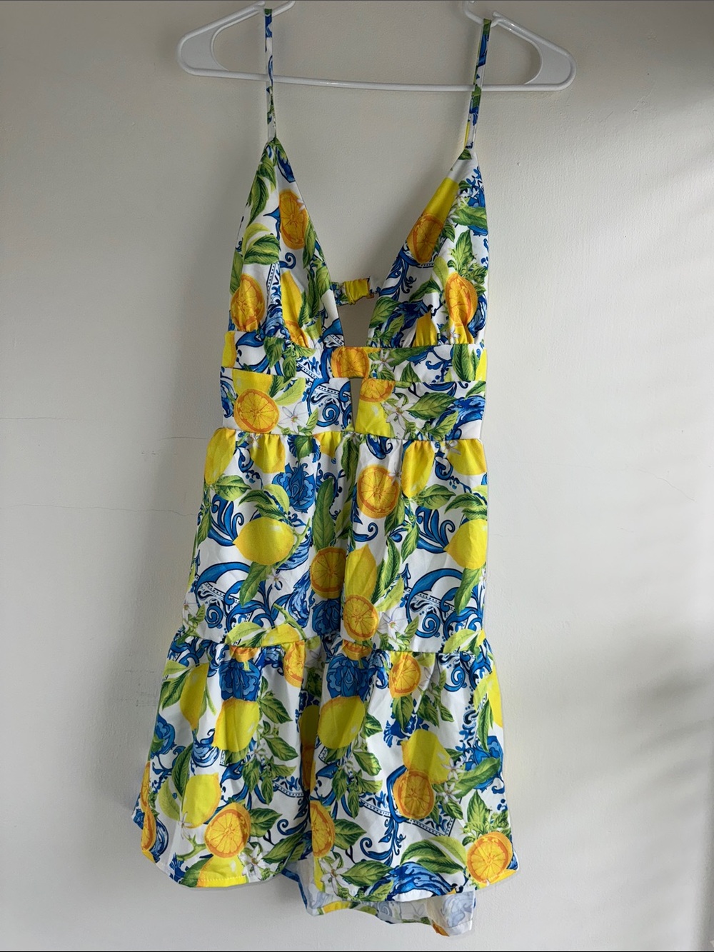 SHEIN White Yellow Blue Lemon-Print Spaghetti Strap Mini Dress